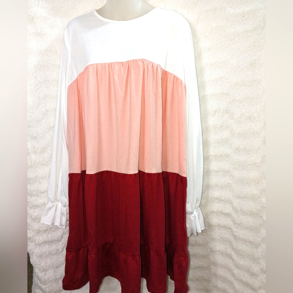 🆕 GRACE KARIN DRESS SZ L Burgundy Pink White 3 Tier long sleeve Babydoll Swing